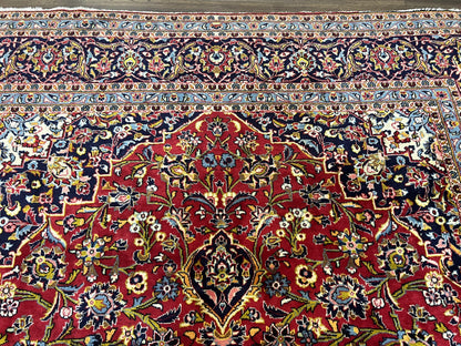 Persian Kashan Rug 9x12, Red Navy Blue, Allover Floral Medallion & Corner Design, Handmade Wool Oriental Carpet, Semi Antique Traditional Carpet