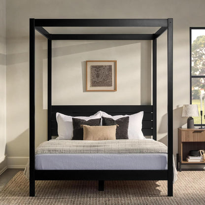 Modern Black Queen Canopy Bedframe with Slatted Headboard