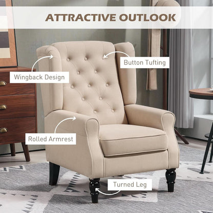 Beige Midcentury Button Tufted Wingback Upholstered Armchair