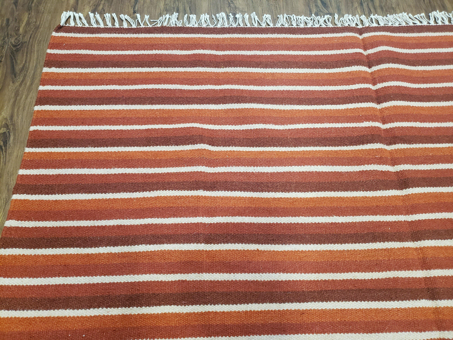 Large Striped Woolen Handmade Throw Blanket, Twin Size Bedding Hand-Woven, Indian Kilim Area Rug, 6x8 - 7x8, South American Style Textile