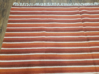 Large Striped Woolen Handmade Throw Blanket, Twin Size Bedding Hand-Woven, Indian Kilim Area Rug, 6x8 - 7x8, South American Style Textile