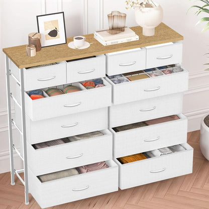 Compact 12 Drawer Dresser With Fabric Drawers And Wood Top