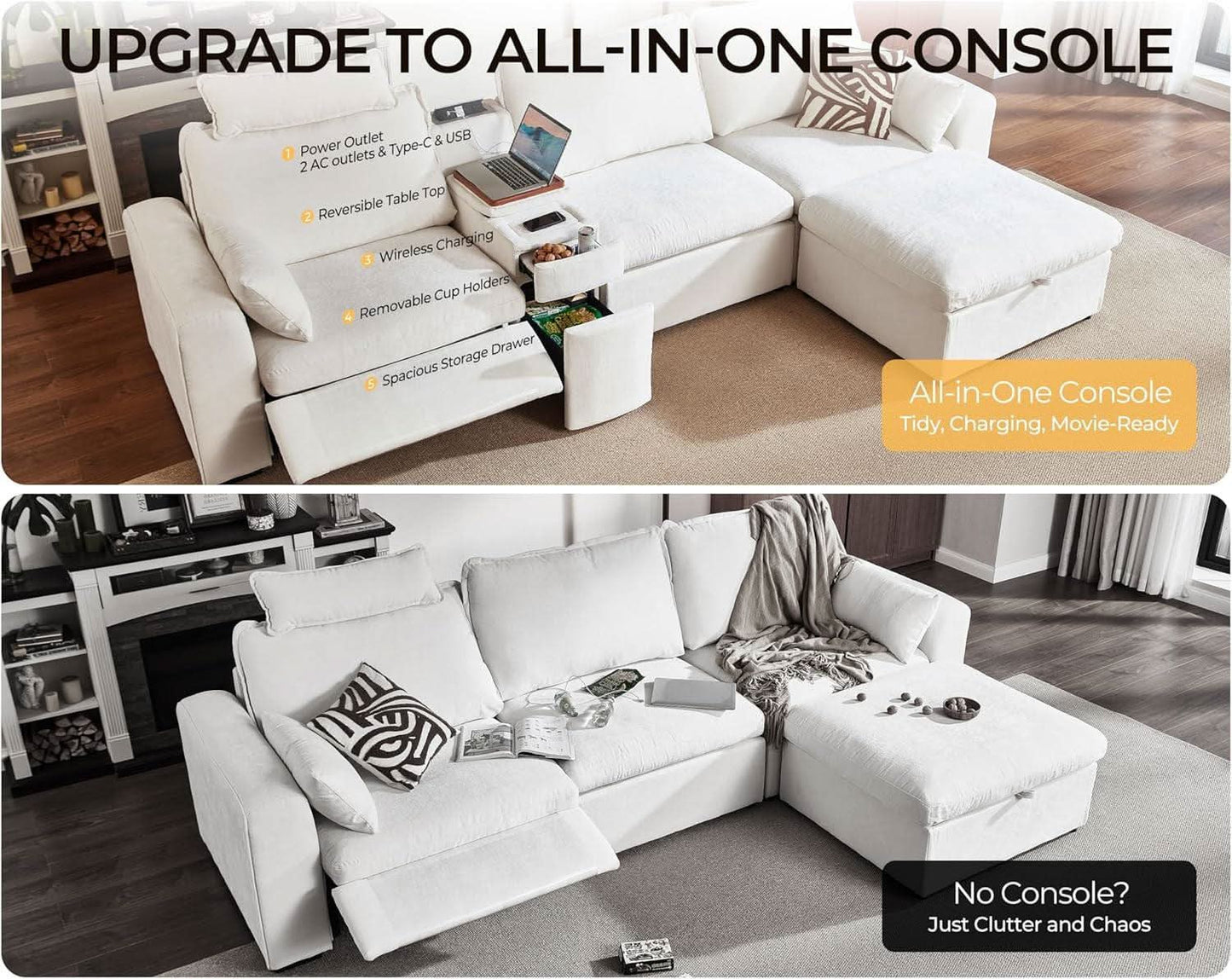 102.8 Inch White Chenille Power Recliner Sofa With Headrest Storage USB Table Wall Hugger