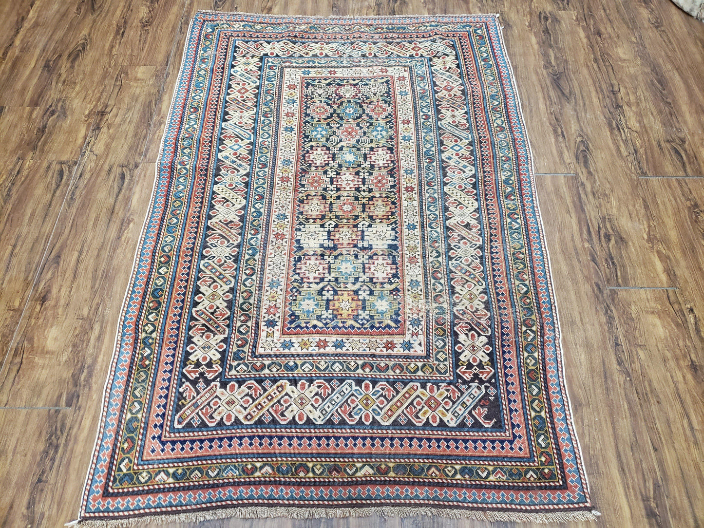 Caucasian Rug 3'9" x 5'7", Antique 1920s Collectible Caucasian Chi Chi Carpet, Hand Knotted, Colorful, Dark Blue Cream Red, Wool, Small Rug