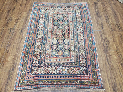 Caucasian Rug 3'9" x 5'7", Antique 1920s Collectible Caucasian Chi Chi Carpet, Hand Knotted, Colorful, Dark Blue Cream Red, Wool, Small Rug