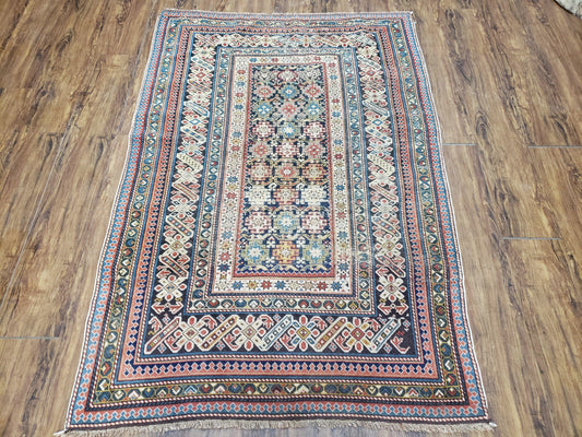 Caucasian Rug 3'9" x 5'7", Antique 1920s Collectible Caucasian Chi Chi Carpet, Hand Knotted, Colorful, Dark Blue Cream Red, Wool, Small Rug