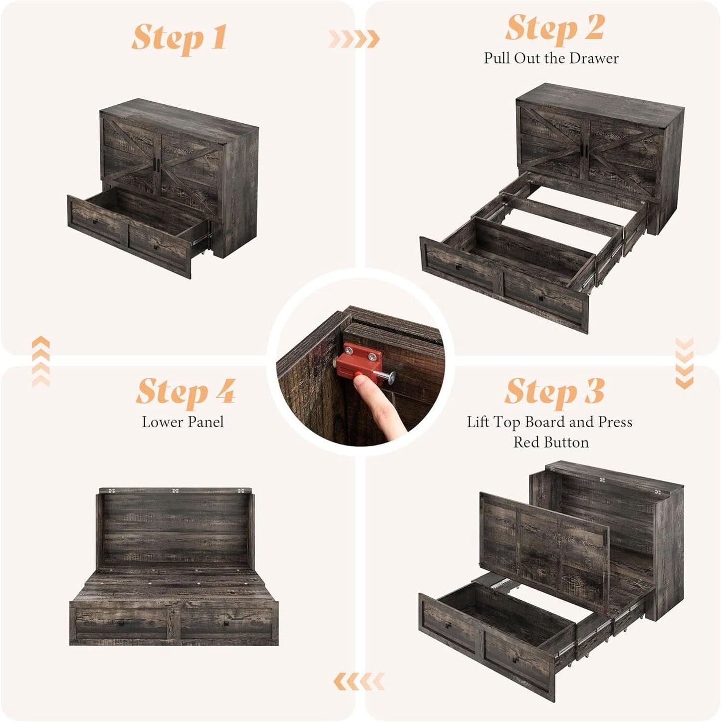 Black Oak Murphy Bed Cabinet With USB Charging Station Queen Size
