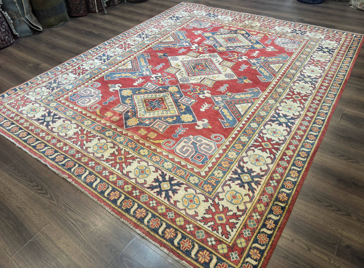 Turkish Kazak Rug 7.6 x 9.5, Geometric Medallions, Caucasian Pattern