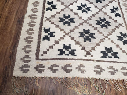 Semi Antique South American Blanket 4x8, Wool Hand-Woven Flatweave Kilim Rug, Handmade Antique Vintage Runner, Ivory & Blue, Diamond Panel