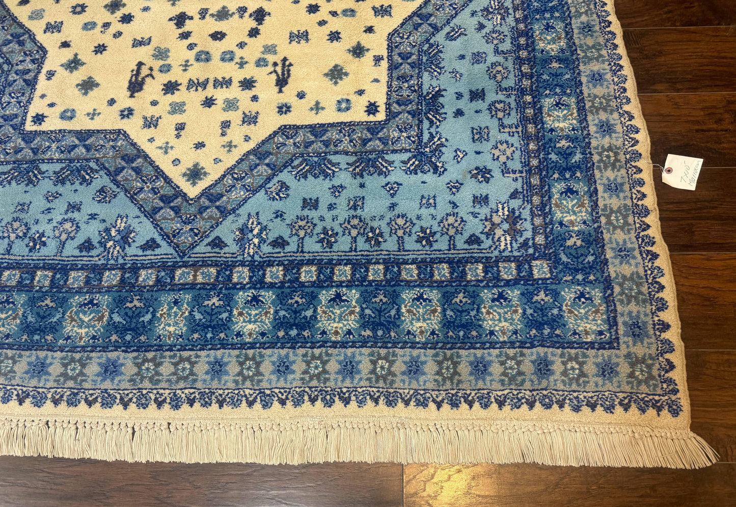 Moroccan Rug 7x10, Geometric Medallion, Blue and Ivory