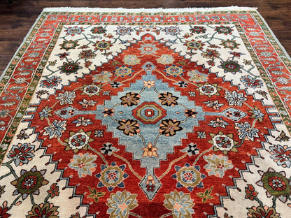 Indo Persian Heriz Rug 7x9, Geometric Pattern, Cream & Light Red, Handmade Vintage Wool Carpet