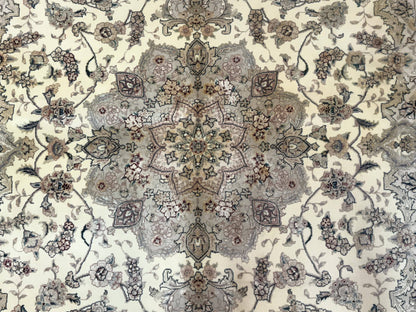 Sino Persian Rug 6x9, Floral Medallion, Ivory & Taupe, Wool with Silk Highlights, Fine 210 KPSI