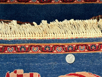 Pictorial Rug of American Flag with Bald Eagle, Small Indo Persian Pictorial Rug, Blue, Handmade, Very Fine 330 KPSI