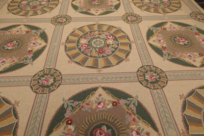 9x12 Beige Hand Hooked 100% Wool Traditional French Aubusson Oriental Area Rug