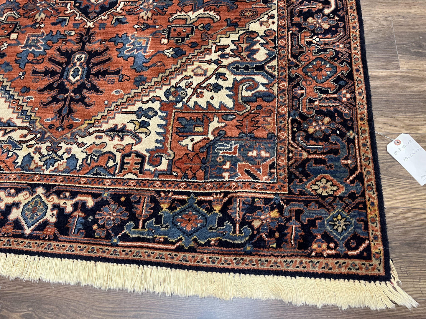 Heriz Rug 5.6 x 8, Geometric Medallion, Wool Oriental Carpet, Tribal Boho Rug, Red Navy Blue Cream, Belgium Power Loomed Rug, Medium Sized