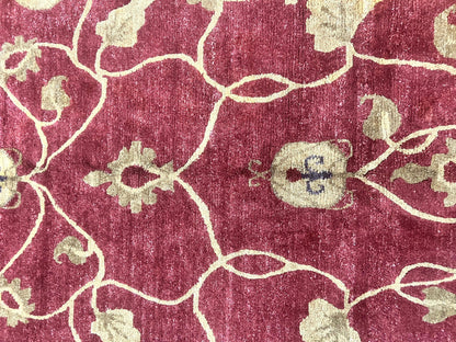 Tibetan Aubusson Rug 8x10, Maroon and Beige, Floral, Handmade, Wool, Vintage, Traditional Rug