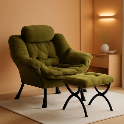 Plush Green Folding Ottoman Lounge Chair With Footrest