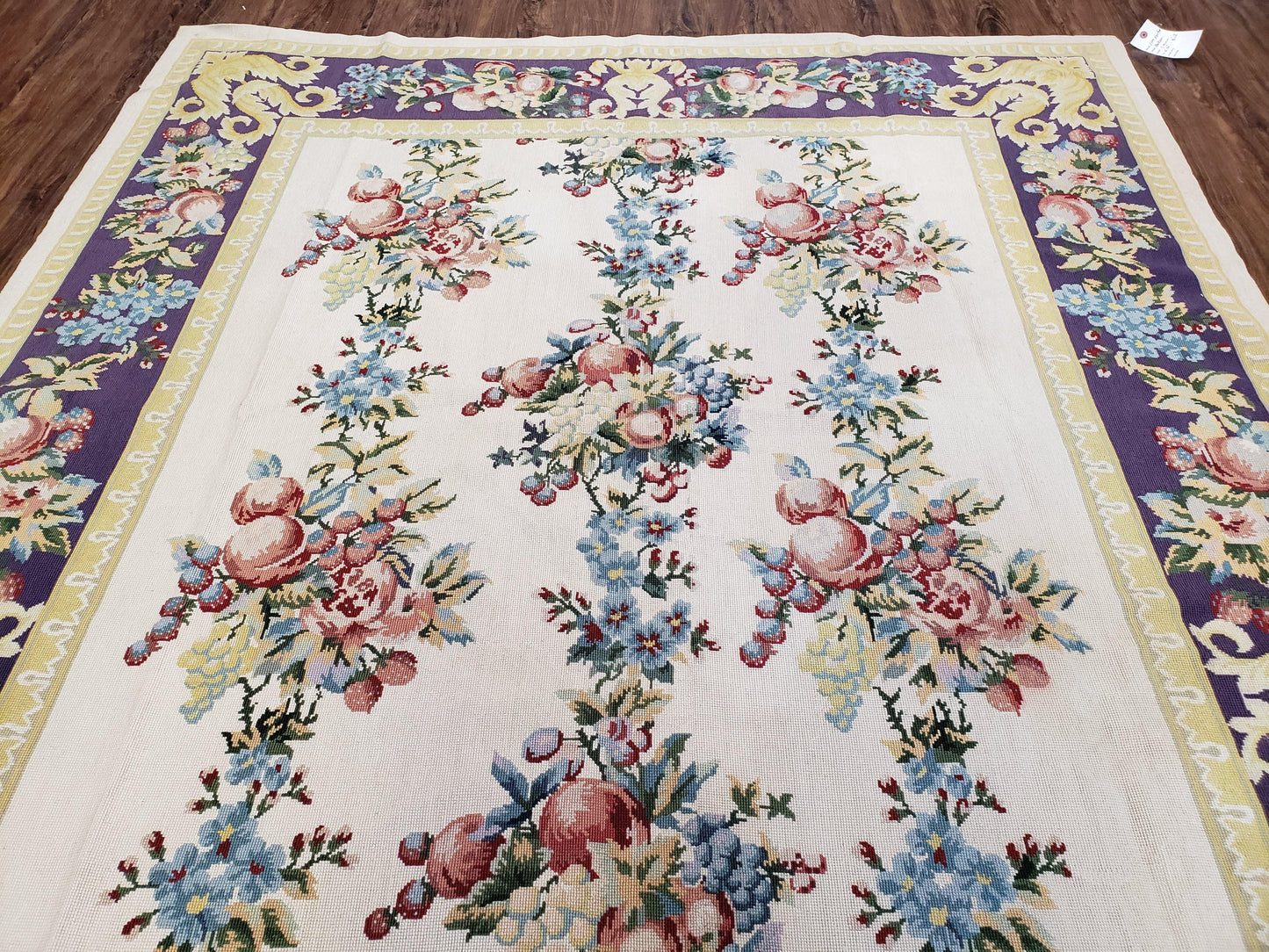 Vintage Chinese Floral Needlepoint Area Rug 6x9, Wool Hand-Woven Handmade Flatweave Rug, Ivory & Purple, Fruits Grapes Apples, Dining Room