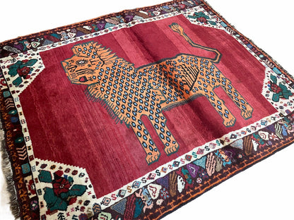 Antique Persian Gabbeh Wool Rug 4x5, Lion Pictorial Rug, Red Orange Black, Hand Knotted Handmade Vintage Gabbeh Carpet 4 x 5 ft, Tribal Rug