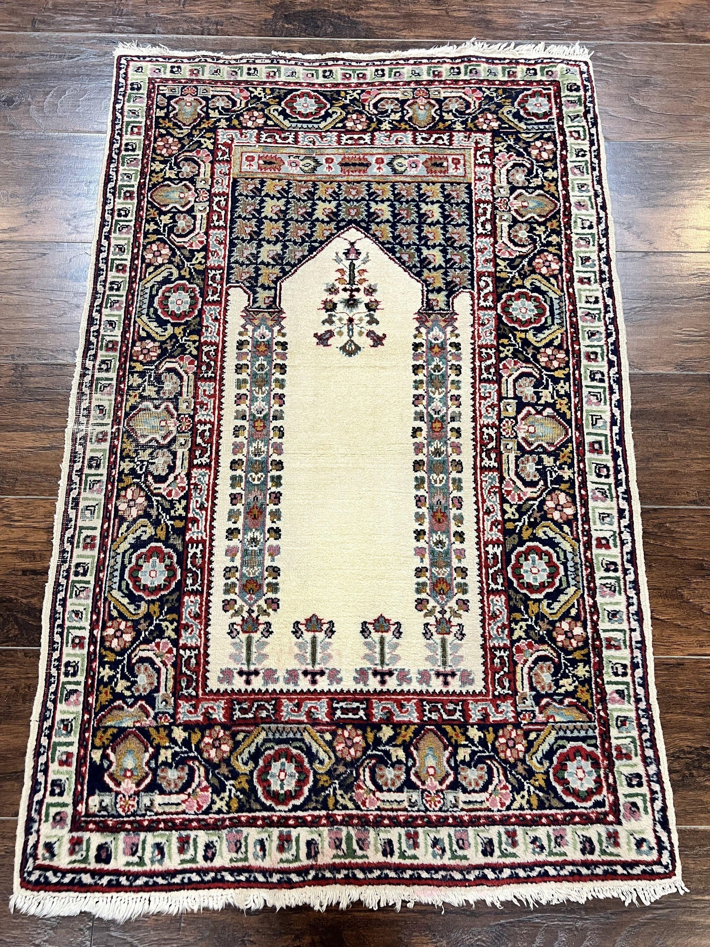 Turkish Prayer Rug 2.5 x 4, Vintage Wool Hand Knotted Carpet, Ivory