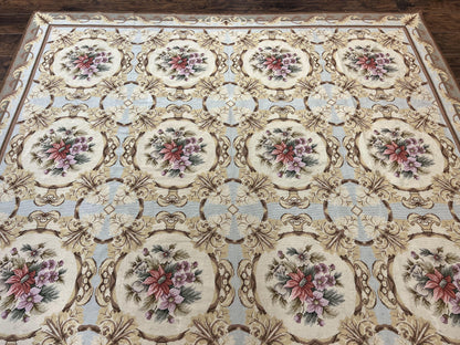 Chinese Needlepoint Rug 8x11, Handmade Wool Needlepoint Carpet, Vintage, Sky Blue