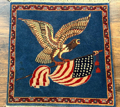 Pictorial Rug of American Flag with Bald Eagle, Small Indo Persian Pictorial Rug, Blue, Handmade, Very Fine 330 KPSI