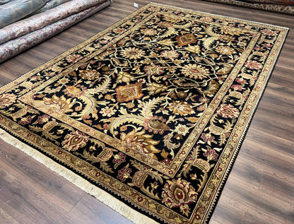Indo Mahal Sultanabad Rug 8x11, Vintage Indian Oriental Carpet, Wool Handmade Floral Rug 8 x 11 ft, Black Beige Tan, Large Flowers Allover