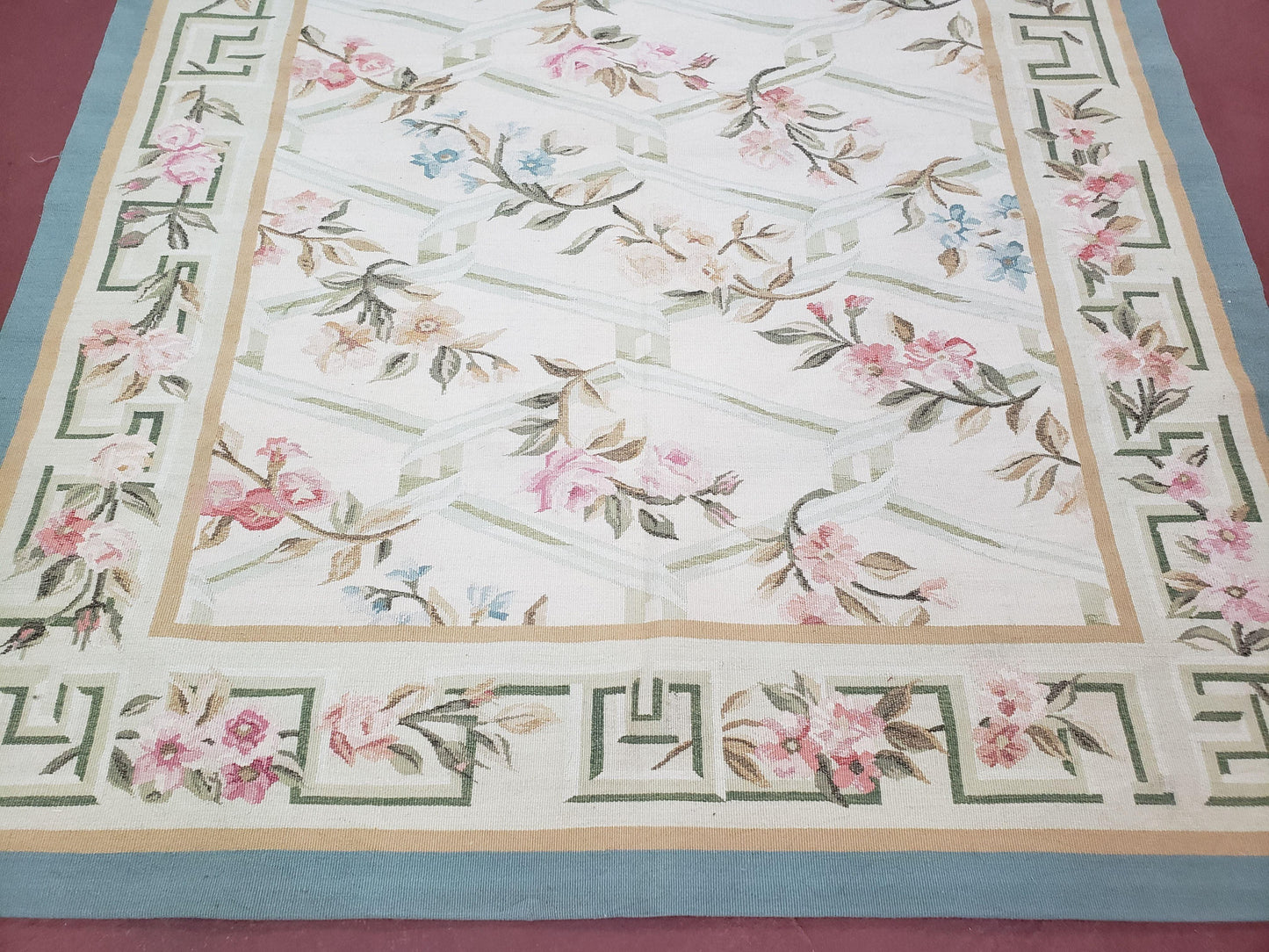 Vintage Aubusson Area Rug, Aubusson Flat weave Carpet, Floral Geometric Pattern, Beige Teal Green, 4x6 Rug, European Design