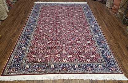 Vintage Turkish Sivas Area Rug 6.5 x 9.5, Wool Hand-Knotted Red & Midnight Blue Allover Floral Pattern Oriental Carpet, 6x9 Traditional Rug