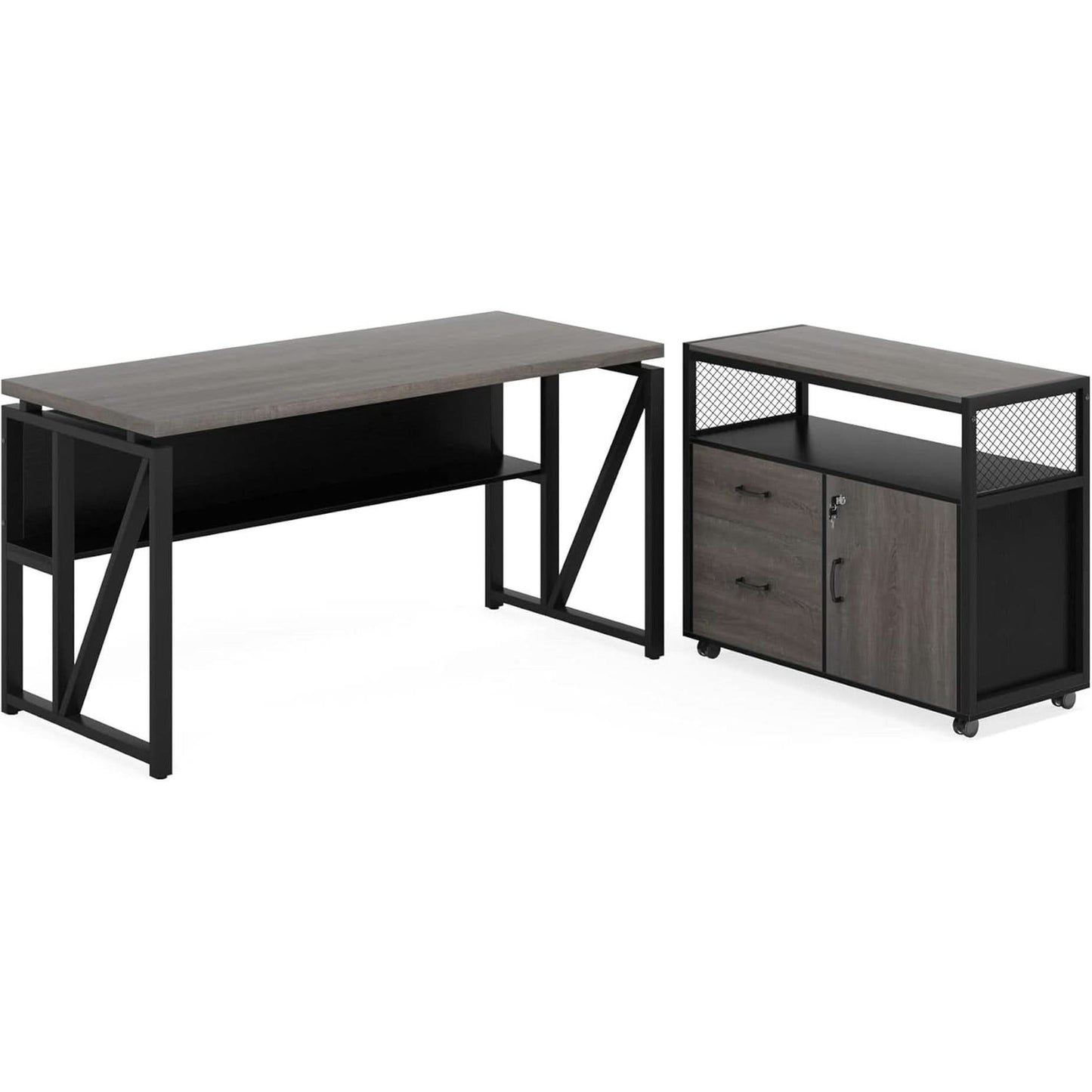 Gray L-Shaped Desk 55 Inch With Storage Cabinet For Office