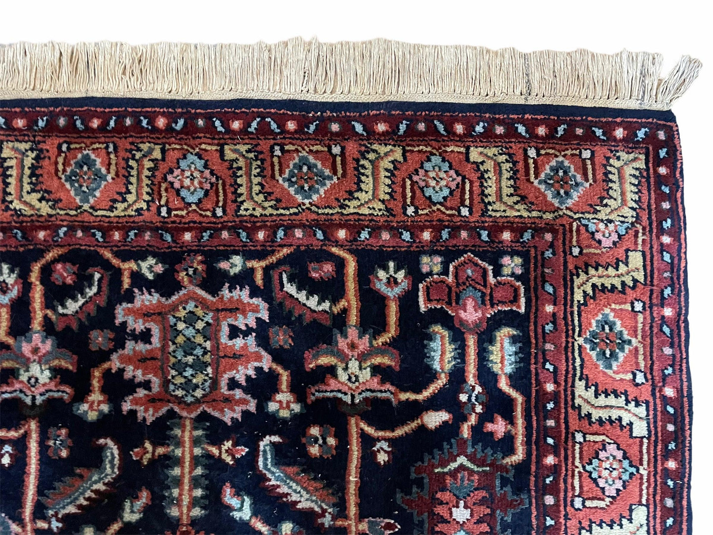 4x6 Vintage Handmade Wool Geometric Rug Organic Dyes Blue Red Hand-Knotted Rug