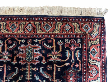 4x6 Vintage Handmade Wool Geometric Rug Organic Dyes Blue Red Hand-Knotted Rug