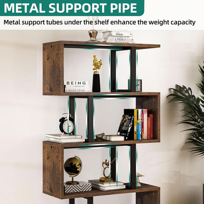 S Shaped 5 Tier Bookshelf Bookcase In Retro Brown Finish