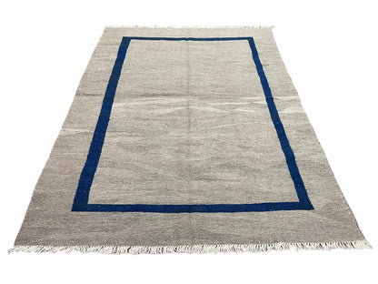Geometric Turkish Kilim Rug 5' 7" x 7' 9", Flatweave Carpet, Minimal Design, Anatolian Carpet, Gray, Geometric, Dark Blue, Hand-Knotted, New