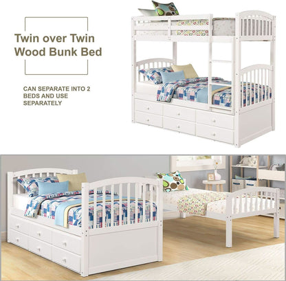 Twin Over Twin Bunk Bed With Trundle And Drawers White
