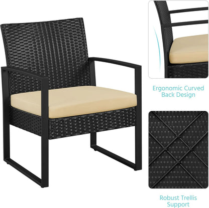 3 Piece Rattan Bistro Set Outdoor Furniture With 2 Chairs And Tempered Glass Coffee Table Black And Khaki
