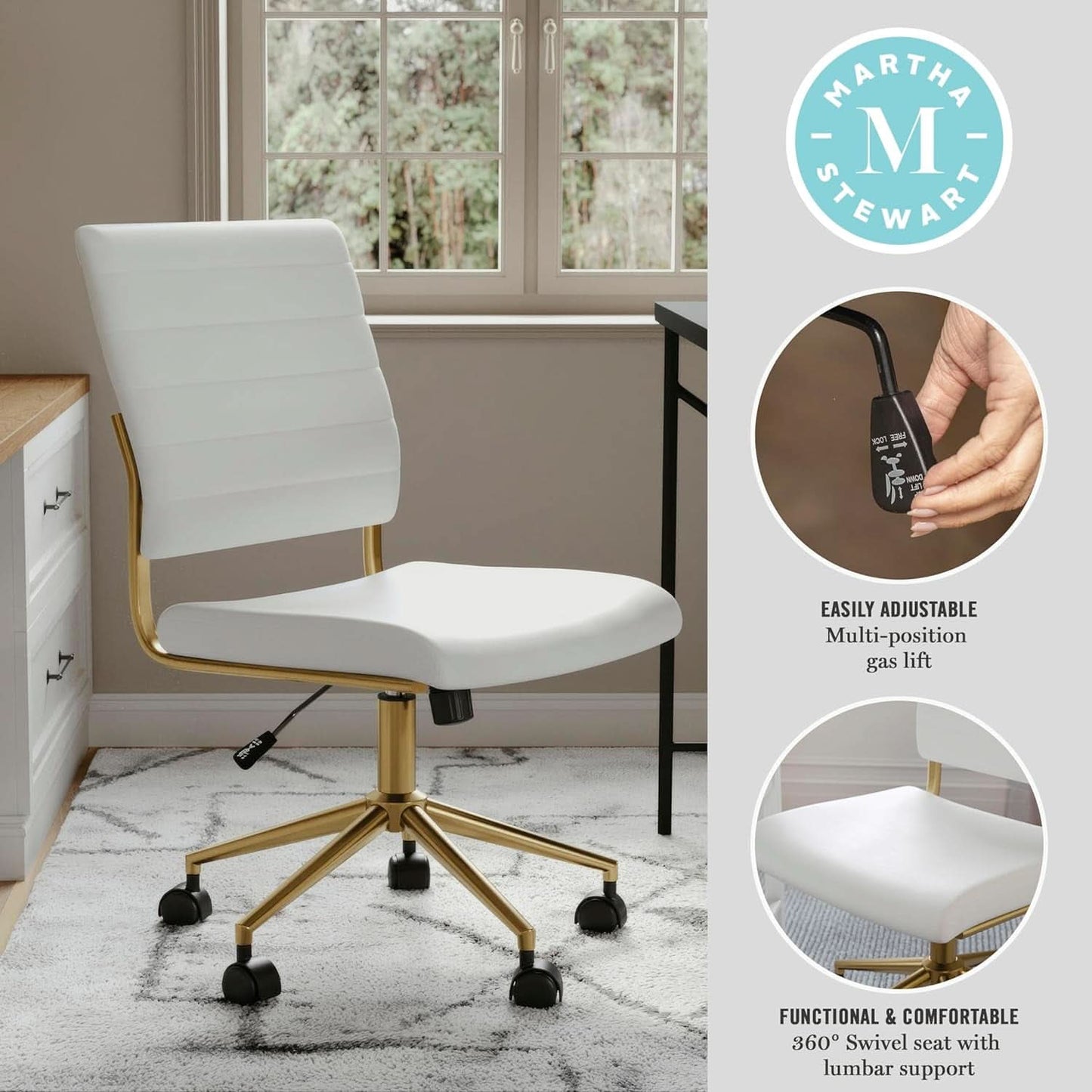 White Faux Leather Armless Swivel Chair Brass Frame
