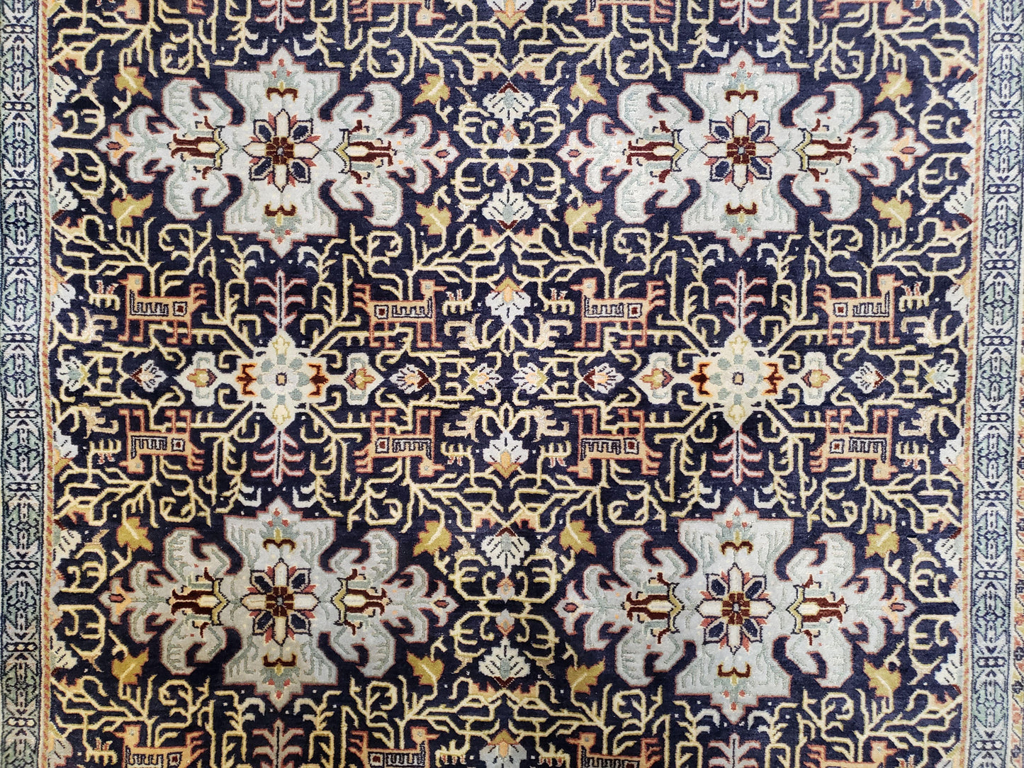 Antique Persian Kashan Rug, Midnight Blue & Ivory, Hand-Knotted, Wool, 4' 8" x 7' 4", Pair B