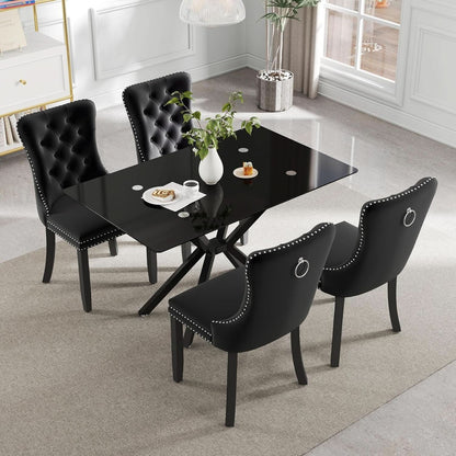 BlackGlassDiningSetForFourTuftedChairsWithNonSlipFeet