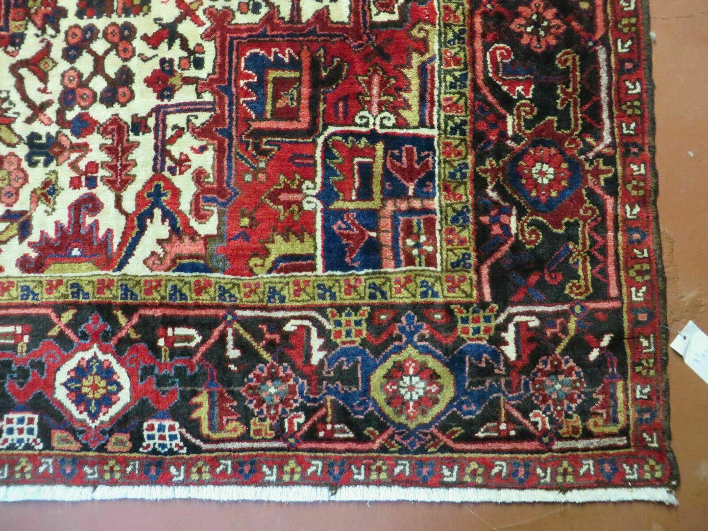 Wonderful Persian Heriz Rug 8.6 x 11, Geometric Heriz Carpet, Semi Antique Decorative Area Rug, Red Ivory Dark Blue Handmade Wool Room Sized