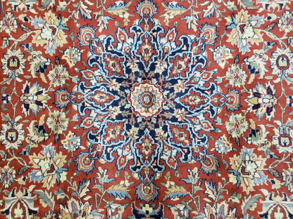 Vintage Indo Persian Oriental Rug 6 x 9.6, Wool Hand-Knotted Red Dark Blue & Gold Indian Carpet, 6 x 9 Office Room Rug, Floral Medallion