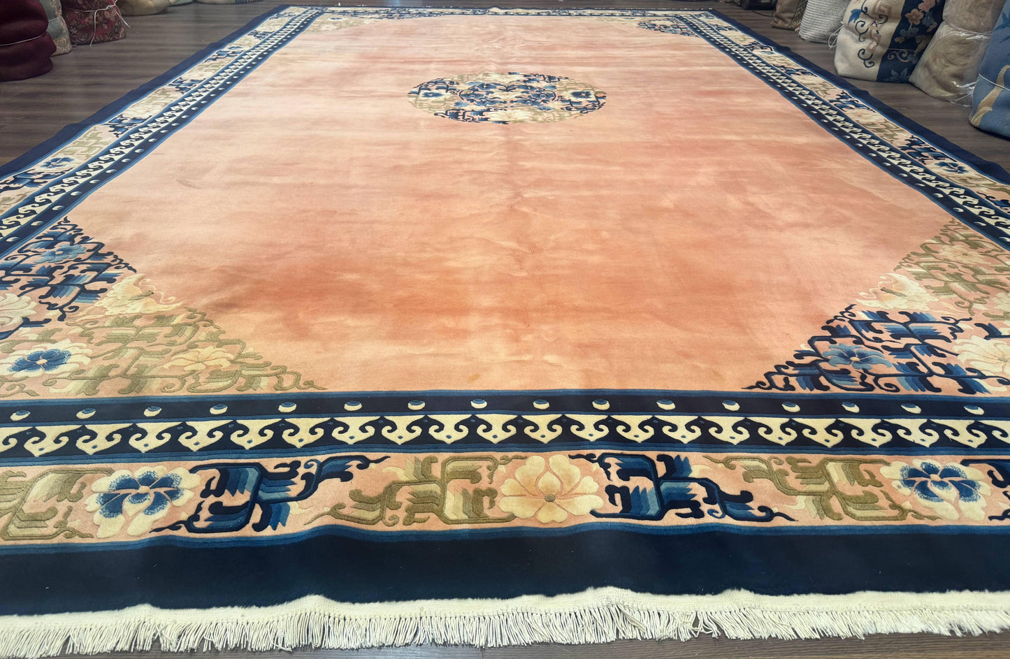Chinese Wool Rug 11x18, Palace Sized Chinese Carpet, Peking Rug, Peach and Blue, Open Field, Simple Design, Art Deco Rug, Large Handmade Rug