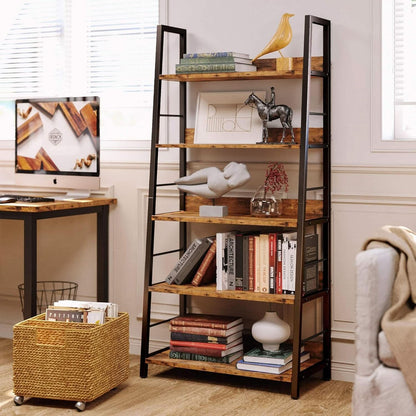 Industrial Ladder Shelf 5 Tier Bookshelf Rustic Brown