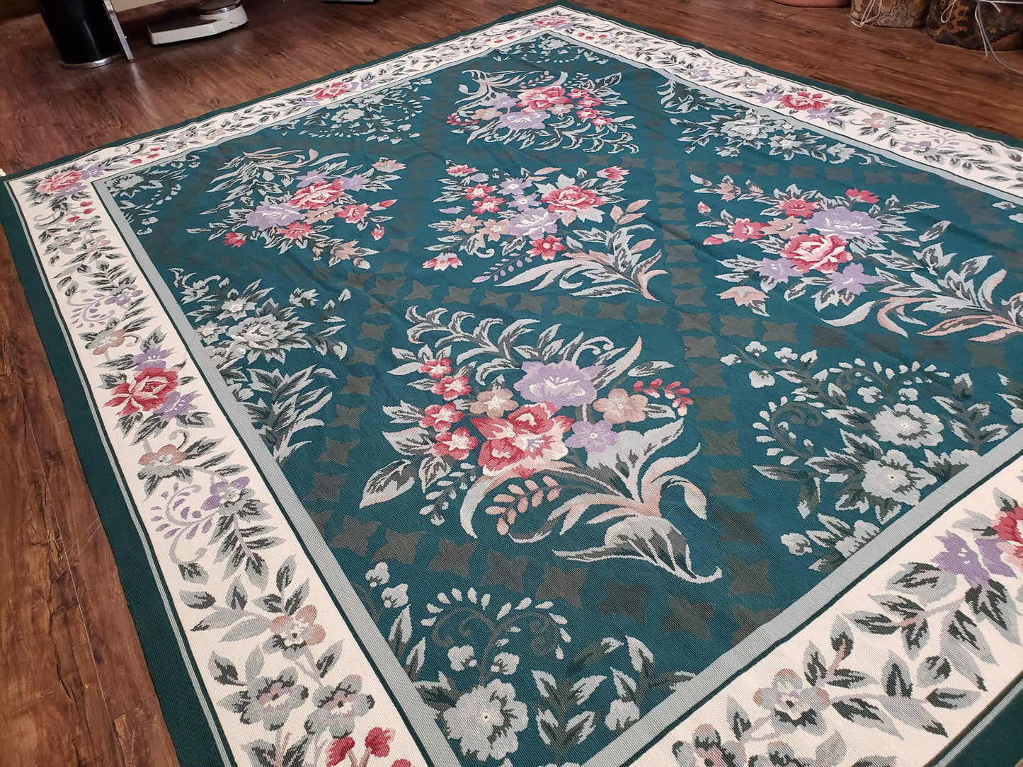 Chinese Needlepoint Rug 8x10, Vintage Green Area Rug, Hand-Woven Flatweave Floral European Design Carpet Wool Handmade 8x 10 Living Room Rug