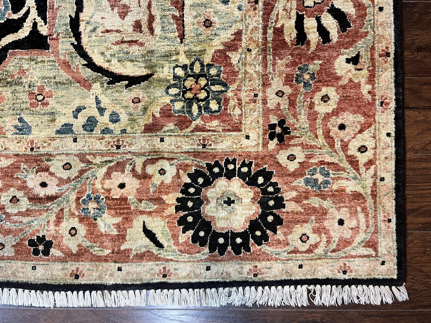 Pak Persian Rug 8x10, Pakistani Mahal Sultanabad Carpet, Signature from Master Weaver, Shiny Wool, Black Red Vintage Handmade Medallion Rug