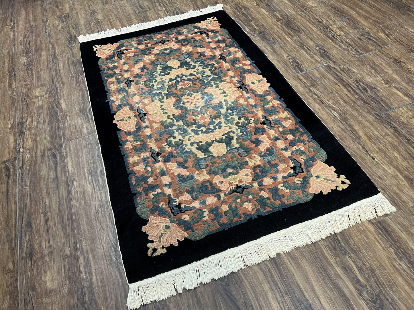 Chinese Art Deco Rug 3x5, Black and Beige Chinese Carpet 3 x 5, Vintage Rug, 1950s Rug, Floral Rug, Handmade Rug, Art Deco Rug, Wool Rug