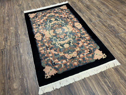 Chinese Art Deco Rug 3x5, Black and Beige Chinese Carpet 3 x 5, Vintage Rug, 1950s Rug, Floral Rug, Handmade Rug, Art Deco Rug, Wool Rug