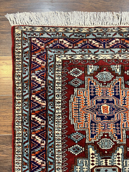 Pakistani Rug 3x5 ft, Caucasian Kazak Design, Geometric Rug, Small Vintage Oriental Carpet, Dark Red Vintage Handmade Wool Rug 3 x 5