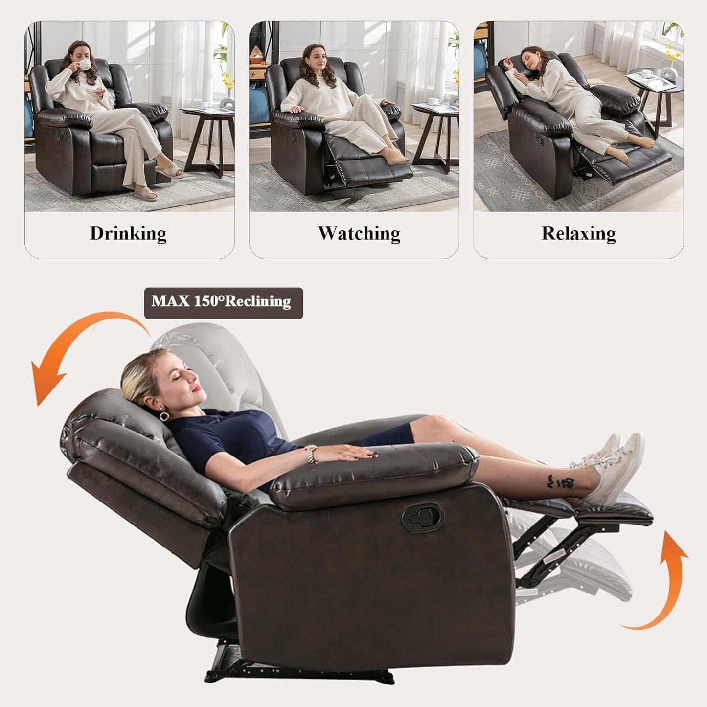 Manual Recliner Chair In Dark Brown Breathable Faux Leather