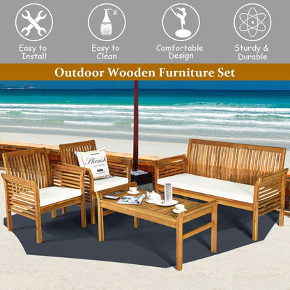 Outdoor Acacia Wood 4 Piece Sofa Set With Water Resistant Cushions Coffee Table
